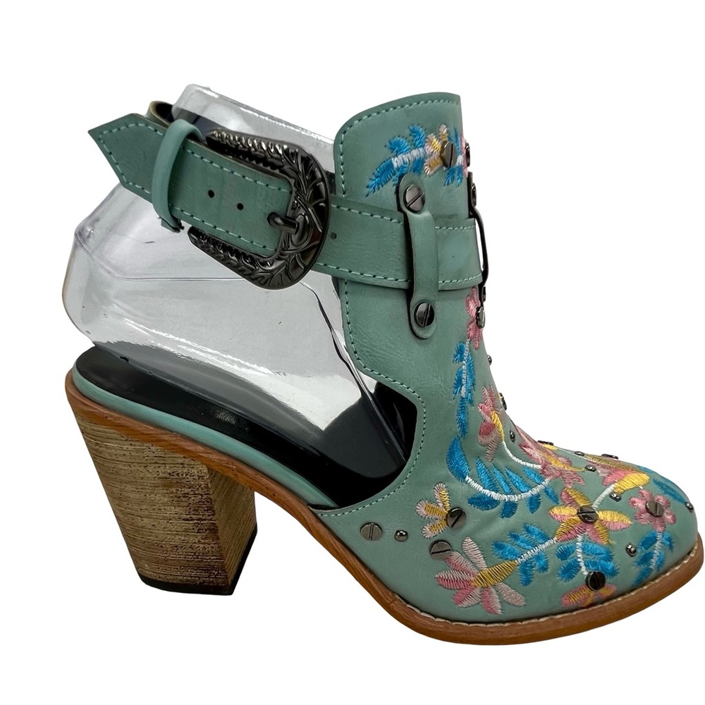 Blue Green Heeled Boots with Floral Embroidery